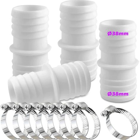 Lot de 4 raccords de Tuyau de 38 mm avec 8 Colliers de Serrage - Adaptateur de Tuyau Double (Blanc) (1/5)