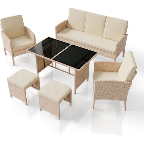 Juskys Polyrattan Gartenmöbel Sitzgruppe Turin Set 6 teilig - 7 Personen - Outdoor Möbel mit Sessel, Hocker, Tisch & Kissen - Loungemöbel Creme / Sand