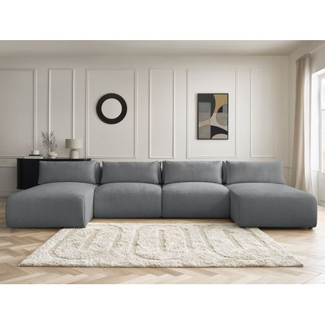 BOBOCHIC - Canapé panoramique fixe modulable avec têtières JANA tissu chiné avec 2 méridiennes et 2 chauffeuses   Gris foncé