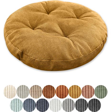 Coussin de sol rond - 30 cm d'épaisseur - 8 cm d'épaisseur - En velours côtelé - Pour salon, bureau, salle de conférence - Marron et jaune (1/5)