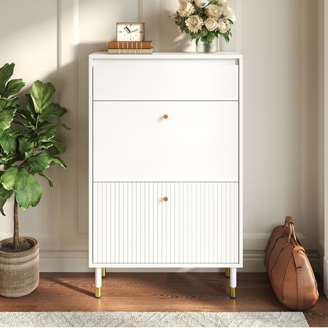 Scarpiera 65x24x104 cm, a 3 scomparti con cassetto, frontale scanalato, MDF e truciolare bianco (1/5)