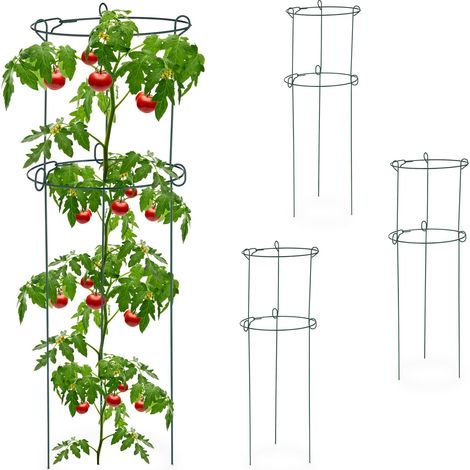 Relaxdays Set 4 Jaulas Tomates, Soporte Plantas Trepadoras, Tutor Enredadera, Guía Tomatera 3 Patas, Acero, Verde Oscuro