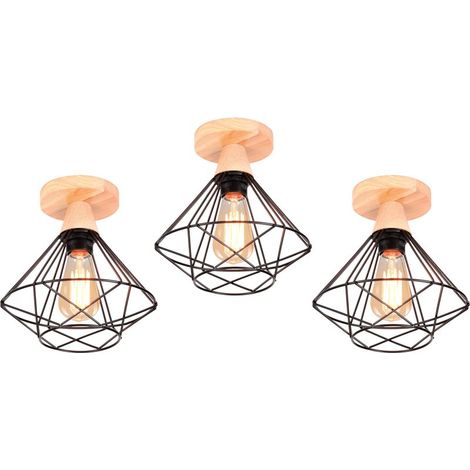 3PCS Plafonnier Industriel en Métal et Bois Design Rétro Luminaire pour Escalier Couloir Entrée Noir (1/5)