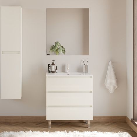 Meuble de salle de bain 60cm simple vasque - 3 tiroirs - blanc brillant - MAYOR