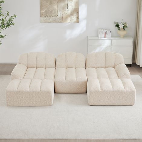 Canapé modulaire en U 3 places, 2 poufs inclus, assise profonde en mousse haute densité 32D, sans armature, idéal pour salon, tissu doux, blanc beige (1/4)