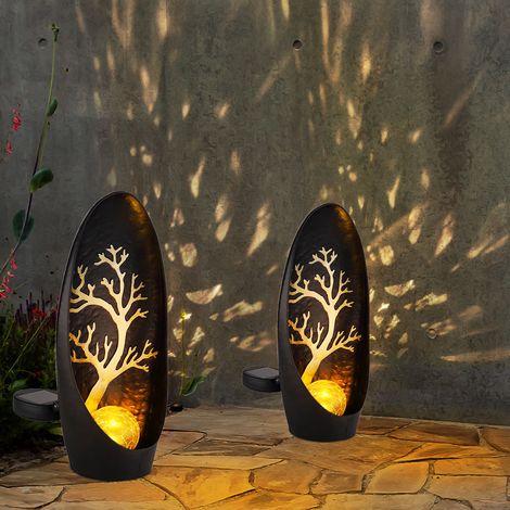 Lampes solaires de décoration de jardin pour l'extérieur, décoration de balcon extérieur, noir, argent, arbre, boule de verre, batterie métal IP44, 1x LED, LxlxH 14x7x30cm, lot de 2