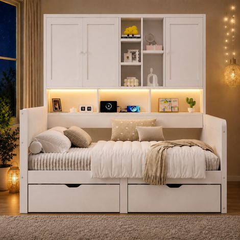 Lit banquette enfant 90x200 cm en bois blanc avec 2 tiroirs, étagères et placards, LED, USB, USB-C, prise UE et tête de lit rembourrée en PU (1/5)