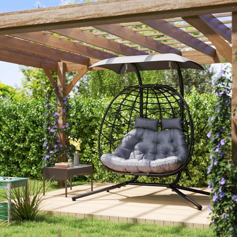 Fauteuil suspendu pliable en osier avec coussin, structure en acier, pare-soleil, charge maximale 260 kg, gris foncé (1/5)