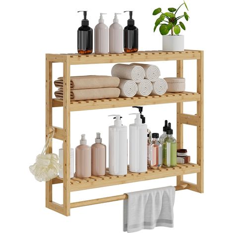 Étagère de Salle de Bain en Bambou, 15 x 59 x 54 cm (P x l x H), 3 Niveaux réglables flottants, Fixation Murale ou Support avec Barre, étagères Debout, Porte-Serviettes (Beige) (1/5)