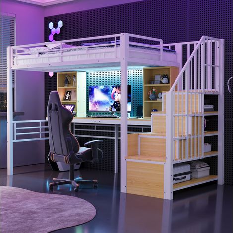 Cama escritorio dormitorio con almacenaje LED blanca OKMYHOME (1/4)