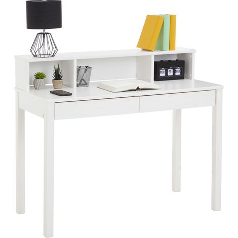 Idimex – Bureau droit en pin massif lasuré blanc avec 2 tiroirs et 3 niches – Dimensions 91 x 110 x 50 cm – Style vintage élégant (1/5)