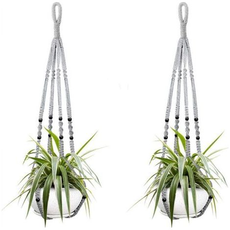 Deux paniers suspendus pour plantes d'intérieur, en corde de coton grise, de 98 cm de long, ornés de perles en bois. Crochets non inclus. (1/5)