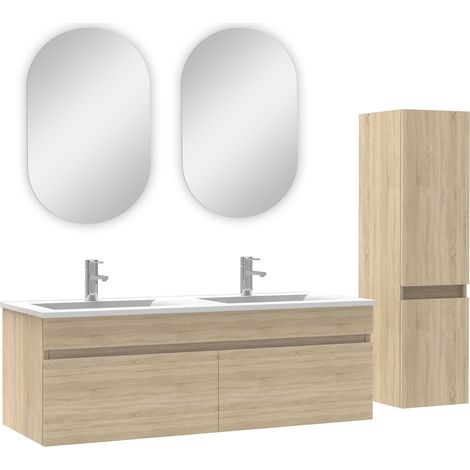 Acezanble ensemble Salle de Bain double vasque avec colonne et miroir ovale 120cm meuble Chêne Wotan (1/4)