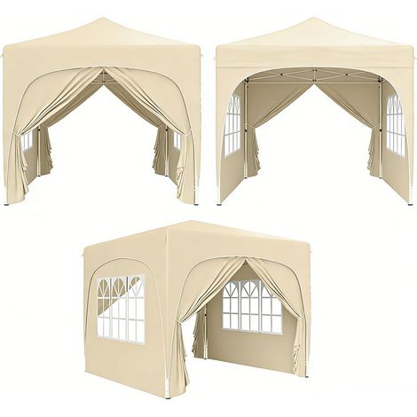 3er-Set  pavillon 3x3m, wasserabweisend Stabil Winterfest Pop-up Faltpavillon, UV Schutz 50+, Faltbar Partyzelt Gartenzelt mit 4 Seitenteilen Tasche Gartenpavillon für Camping Garten, Sand