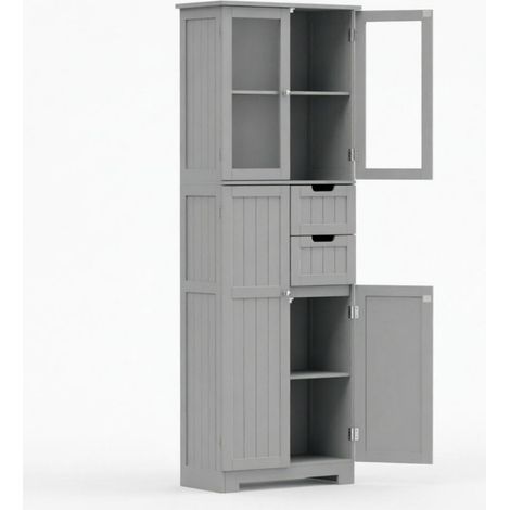 Mobile bagno alto freestanding grigio con 4 porte, 2 ante in vetro e 2 cassetti, MDF (1/5)