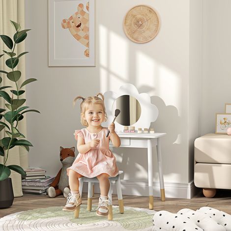 Ensemble coiffeuse pour enfant avec tabouret. coiffeuse 2 pièces pour enfants de 3 à 6 ans. miroir forme de nuage. blanc