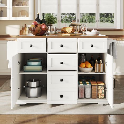 Îlot de cuisine premium, table roulante en bois spacieuse avec nombreux compartiments, buffet sur roulettes, meuble desserte polyvalent pour salle à manger, salon, cuisine, couleur blanche (1/5)