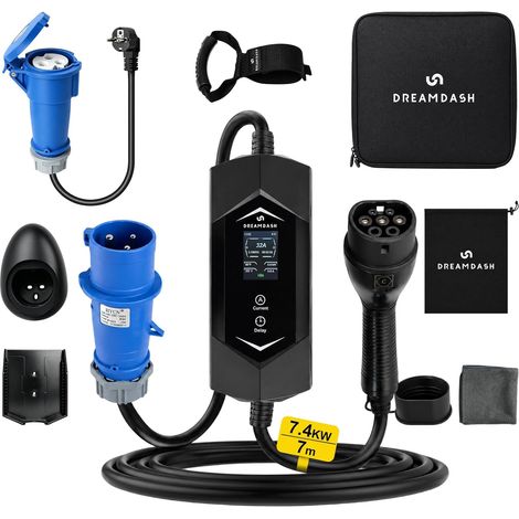 Chargeur Voiture Electrique 7kw, Type 2 à bleue CEE 32A, cable 7 m (1/5)