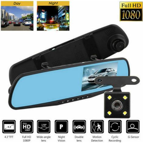 SPECCHIETTO CON MONITOR DVR RETROMARCIA 2 TELECAMERE RETROVISORE 4 LED AUTO SUV
