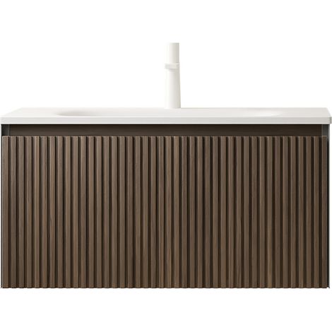 CHICFURN Mueble lavabo suspendido 80x46x40 cm blanco y roble marrón, con cajón (1/5)