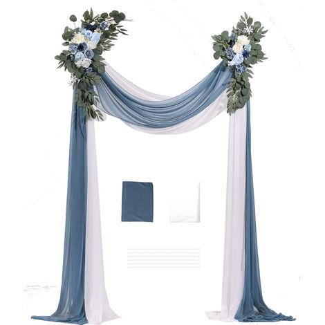 Kit Fleurs pour Arche de Mariage Bleu, 4 Pièces - 2 Compositions Florales, 2 Draperies Voilées, Décor Cérémonie Réception (1/5)