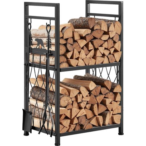 Support à bois de chauffage à 2 niveaux, range-bûches d'intérieur, 455 x 330 x 765 mm, avec outils de cheminée, brosse, pelle, tisonnier et pinces, charge maximale 181,4 kg, pour poêle, foyer (1/5)