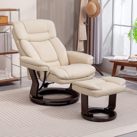 Fauteuil salon repose-pieds chaise pivotante PU dossier inclinable assise rembourrée 86x83x107 cm crème (1/5)