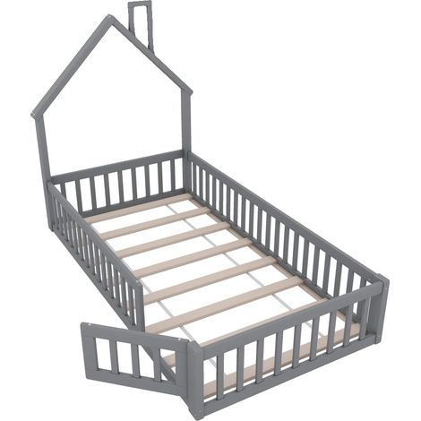 Lit pour enfants, en bois de pin massif, assemblage requis, Gris-90x200 (1/2)