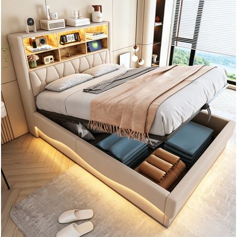 Cama canapé 140x200 cm con LED APP, puerto USB, almacenamiento hidráulico, estructura metálica estable, lino beige (1/5)