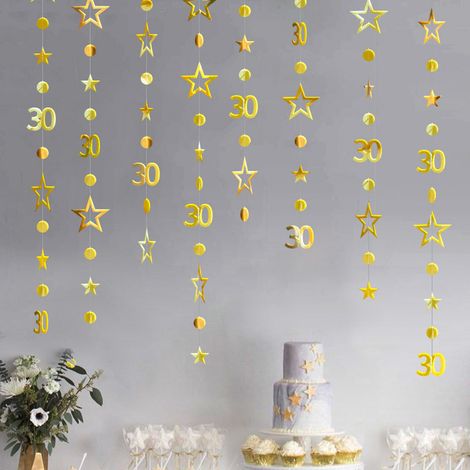 Guirlande Anniversaire 30 - Décoration Chiffre 30 en Papier Métallisé Doré - Étoiles et Cercles Scintillants - 4 Pièces de 3,35 m (1/5)