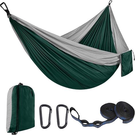 Filiyano-Hamac double d'extérieur (300 x 200 cm), idéal pour le camping et les voyages. Toile de nylon parachute 210T, vert foncé. (1/5)