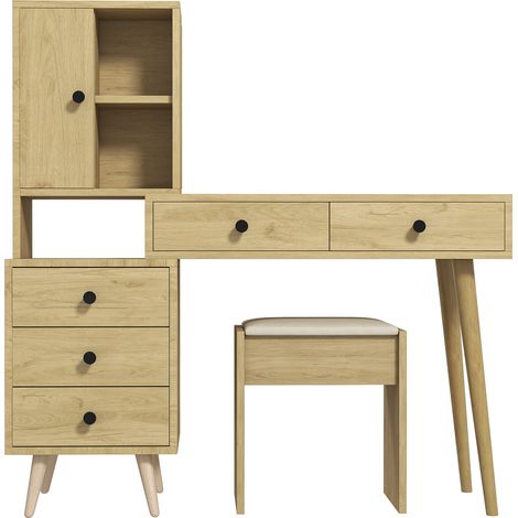 Tocador moderno con espejo escamoteable, 5 cajones, armario lateral y taburete beige (1/5)