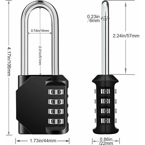 Cadenas code anse longue exterieur pour portail, abri de jardin, 4 chiffres grande Cadena a combinaison long pour casier vestiaire sport, college, scolaire, Serrure Combinée noir MNS (1/4)