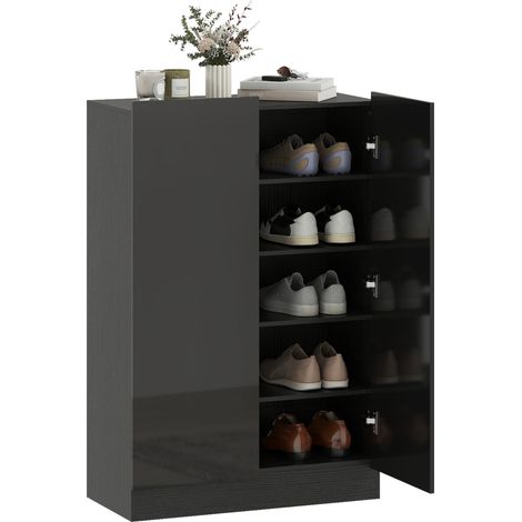 Meuble à chaussures d'entrée avec 2 portes à fermeture douce et étagères réglables pour 20 paires de chaussures, noir brillant