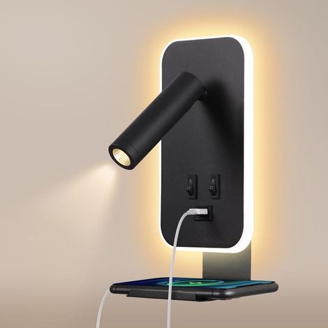 - Applique a LED - Lampada da lettura da comodino - Illuminazione ambientale e da lettura con porta USB e vassoio - Per camera da letto e soggiorno - Nero - 3W+9W (1/5)