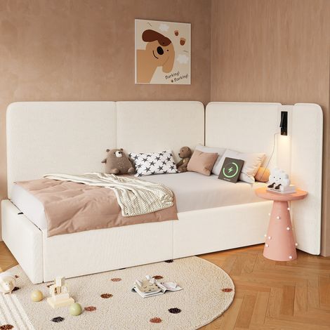Letto per bambini, letto singolo, divano letto 90x200 cm, porta USB, lampada da lettura girevole, sollevamento idraulico, contenitore sotto il letto, a doghe, beige