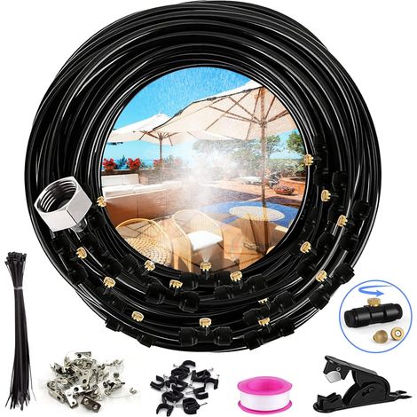 15M Système de Brumisation, Kit d’Irrigation Système de Brumisateur Extérieur 15M avec 18 Buses de Brume avec Joint en T, Système de Brouillard Froid Extérieur, brumisateur pour terrasse, Jardin