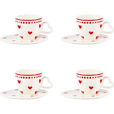 Lot de 4 Tasses à Café avec Sous-Tasses en Forme de Cœur en Céramique Rouge - - PANGIVO