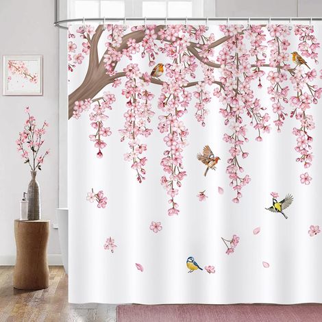 Rideau de Douche Fleur de Cerisier Rose, Rideau de Baignoire Fleurs Oiseaux Japonais Sakura 183 x 183 cm Polyester Imperméable Résistant à la Moisissure 12 Crochets (1/5)