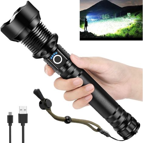 Extrem leistungsstarke LED-Taschenlampe, 90000 Lumen, USB Typ-C-wiederaufladbar, XHP70, verstellbare, zoombare, wasserdichte Taschenlampe