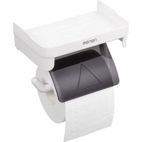 Porte Papier Toilette sans Percage, Derouleur Papier Toilette avec Etagere de Rangement, Porte Rouleau Papier Toilette Adhesif, Support Papier Toilette Mural, Blanc Matériau ABS (1/5)