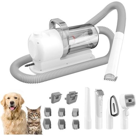 Aspirateur de toilettage pour animaux de compagnie - 6 en 1 - avec tondeuse et brosse - Bac de récupération de 2.5L - pour chiens et chats - pour propriétaires - Noir/Gris - 1 set (1/5)