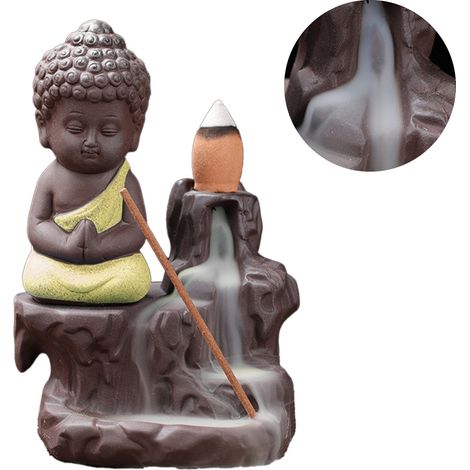 Räucherstäbchenhalter „Monk Reverse Flow“, lila Steingut, entspannender Kaskaden-Räucherstäbchenhalter für Yoga und Büro, 30 Duftstäbchen, hellgelb (1/5)