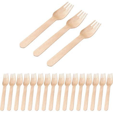 Lot de 100 fourchettes jetables en bois compostables - Couverts jetables pour gâteaux, desserts et fêtes - Biodégradables (16 cm) (1/5)