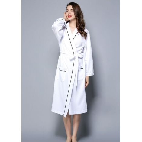 Peignoir Femme Coton Gaufré Léger Robe de Chambre Unisexe Spa Sauna Peignoir de Bain Eponge - Blanc L
