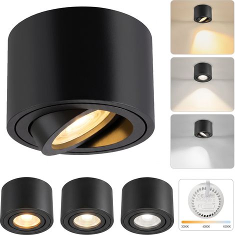 GBLY Pack de 4 Foco LED de Superficie Regulable Negro Ø80x50mm Extra Plano Inclinable 30° 3CCT 4W Lámpara Superficie 3000K 4000K 6500K Plafón Empotrar Aluminio LED Foco Superficie Redondo