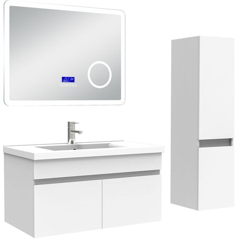 Ocean Ensemble meuble 80 cm, lavabo céramique simple + colonne + Miroir salle de bain Bluetooth avec 3 couleurs dimmable, blanc à suspendre