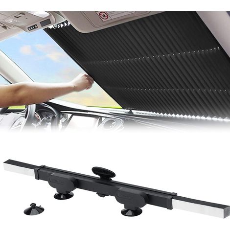 Einziehbarer Sonnenschutz für die Windschutzscheibe des Autos. Großer Sonnenschutz schützt vor 99 % der UV-Strahlen, um Ihr Fahrzeug kühl zu halten. Automatischer Sonnenschutz passt mit Saugnäpfen an 