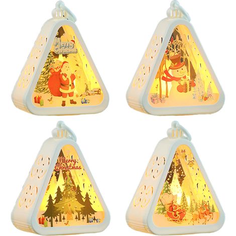 Lampe décorative de Noël rétro LED - Lot de 4 motifs Père Noël, bonhomme de neige, sapin et traîneau pour fenêtre ou bureau (1/5)