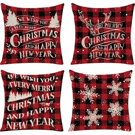 Funda De Almohada Navideña - Lino Y Algodón 100% - Diseño Árbol Navidad Ciervo Copo De Nieve - 4 Unidades - Para Almohadas 45 X 45 Cm (1/5)